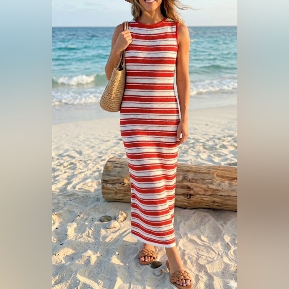 New fashion Sleeveless Red and White Striped Maxi Dress size M